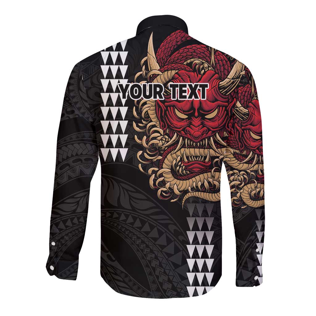 Hawaii and Japanese Oni Mask Personalised Long Sleeve Button Shirt Kakau Pattern Dark Art Style