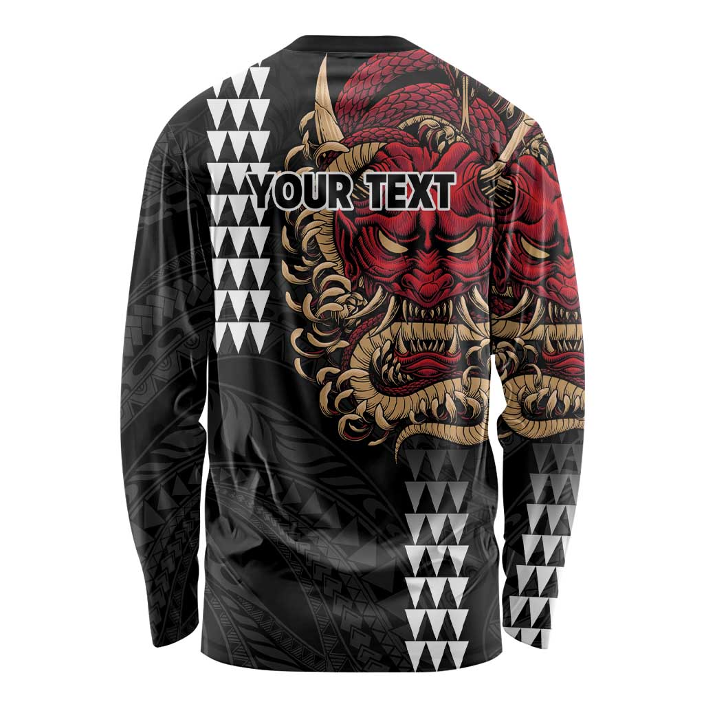 Hawaii and Japanese Oni Mask Personalised Long Sleeve Shirt Kakau Pattern Dark Art Style