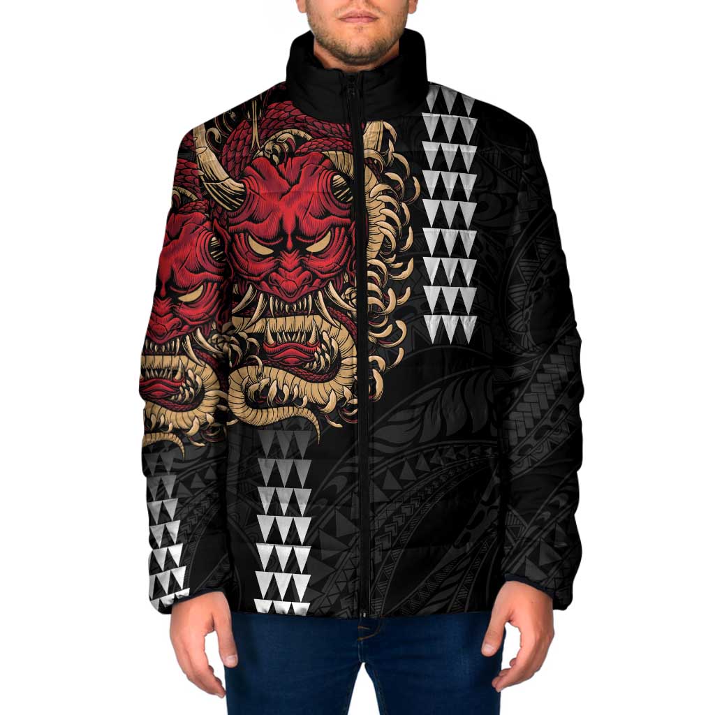 Hawaii and Japanese Oni Mask Personalised Padded Jacket Kakau Pattern Dark Art Style - Polynesian Pride