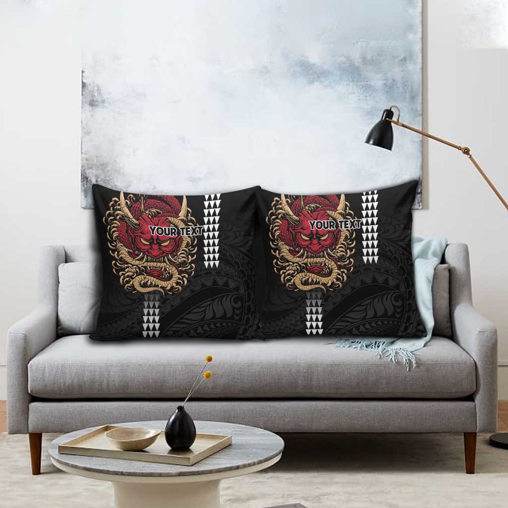 Hawaii and Japanese Oni Mask Personalised Pillow Cover Kakau Pattern Dark Art Style - Polynesian Pride