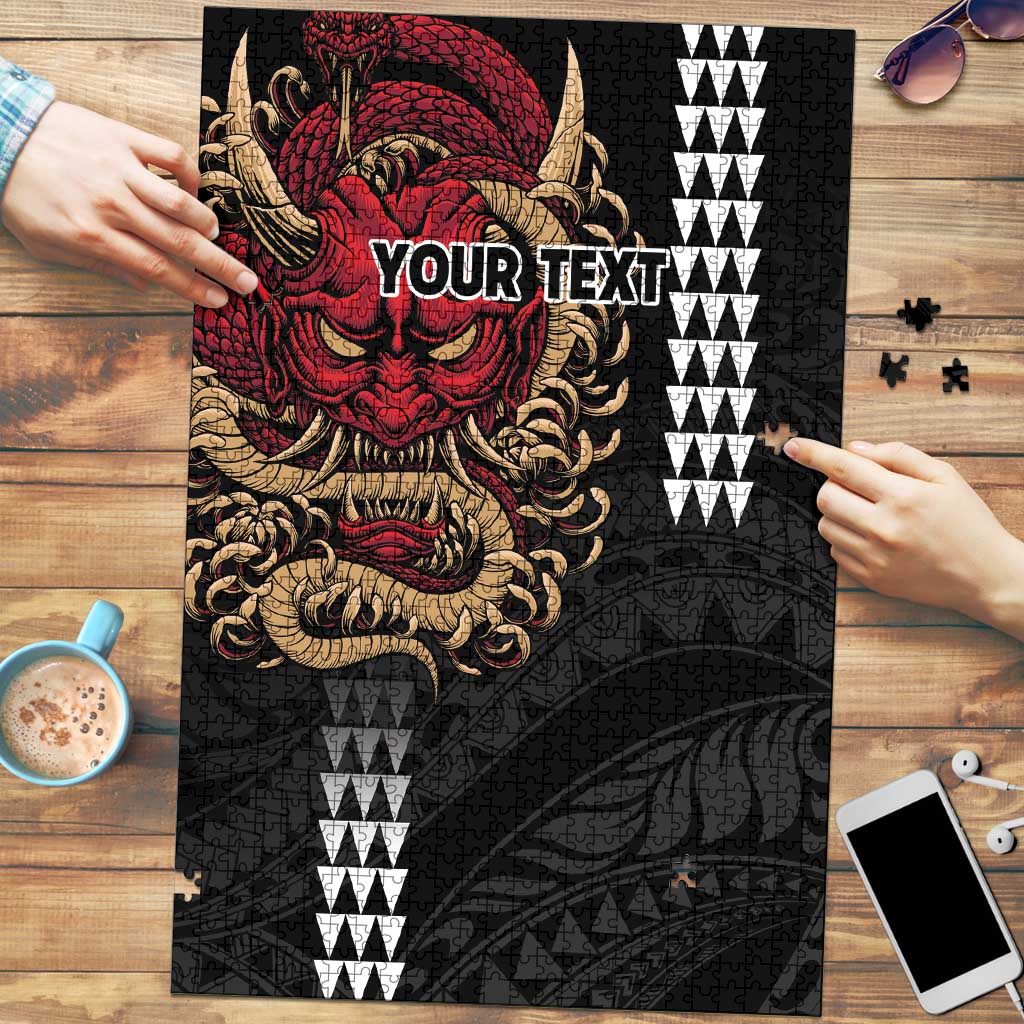 Hawaii and Japanese Oni Mask Personalised Puzzle Kakau Pattern Dark Art Style - Polynesian Pride