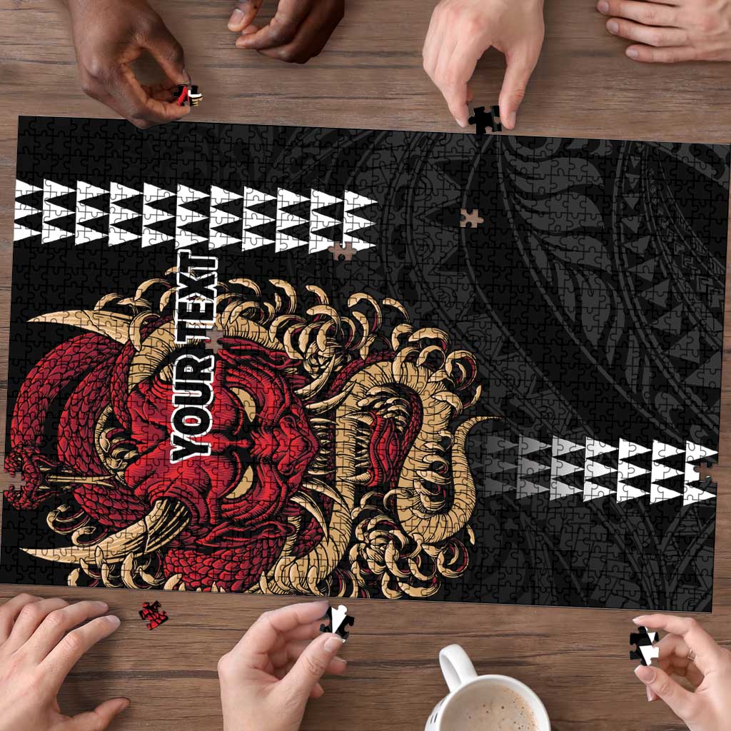 Hawaii and Japanese Oni Mask Personalised Puzzle Kakau Pattern Dark Art Style - Polynesian Pride