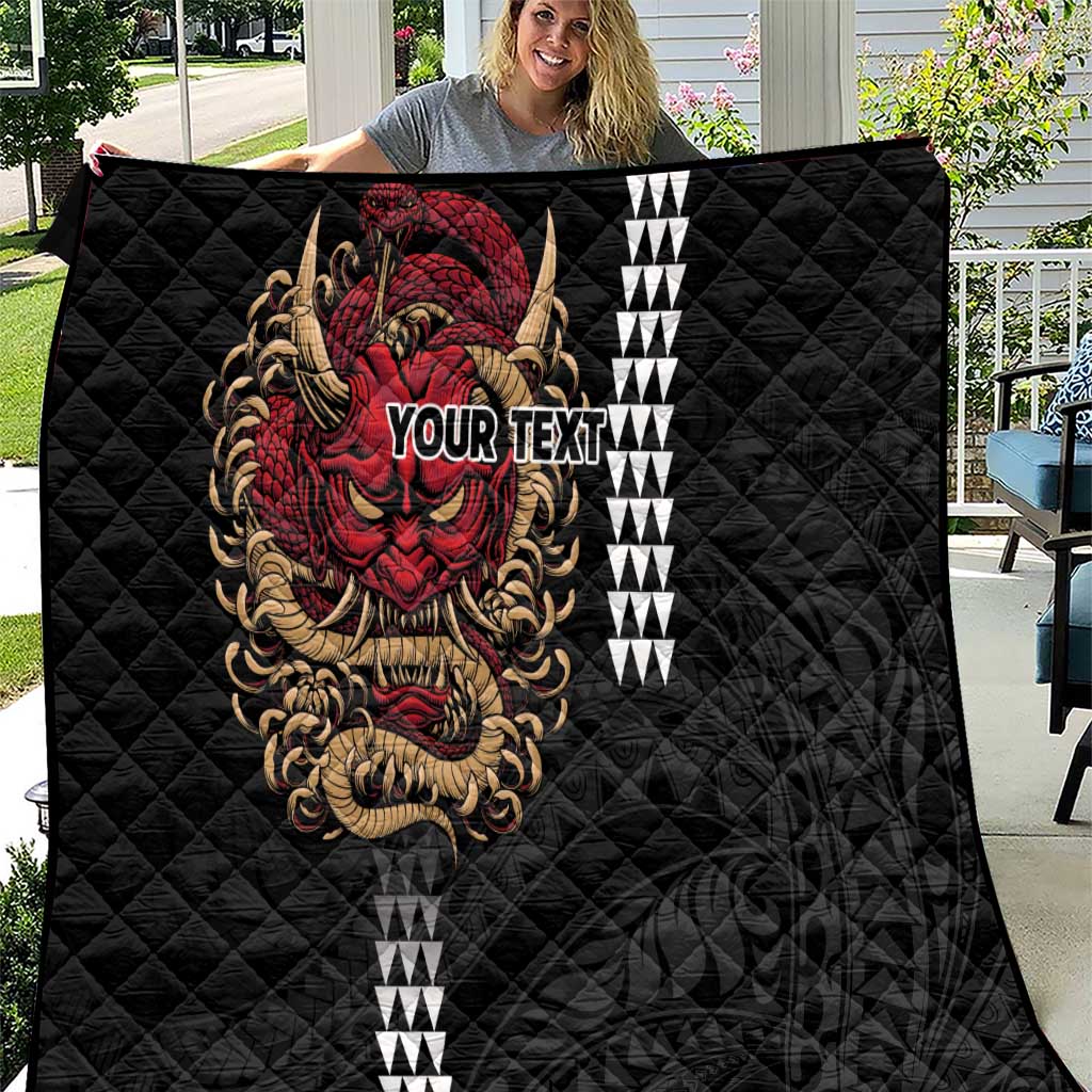 Hawaii and Japanese Oni Mask Personalised Quilt Kakau Pattern Dark Art Style