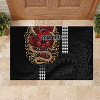 Hawaii and Japanese Oni Mask Personalised Rubber Doormat Kakau Pattern Dark Art Style