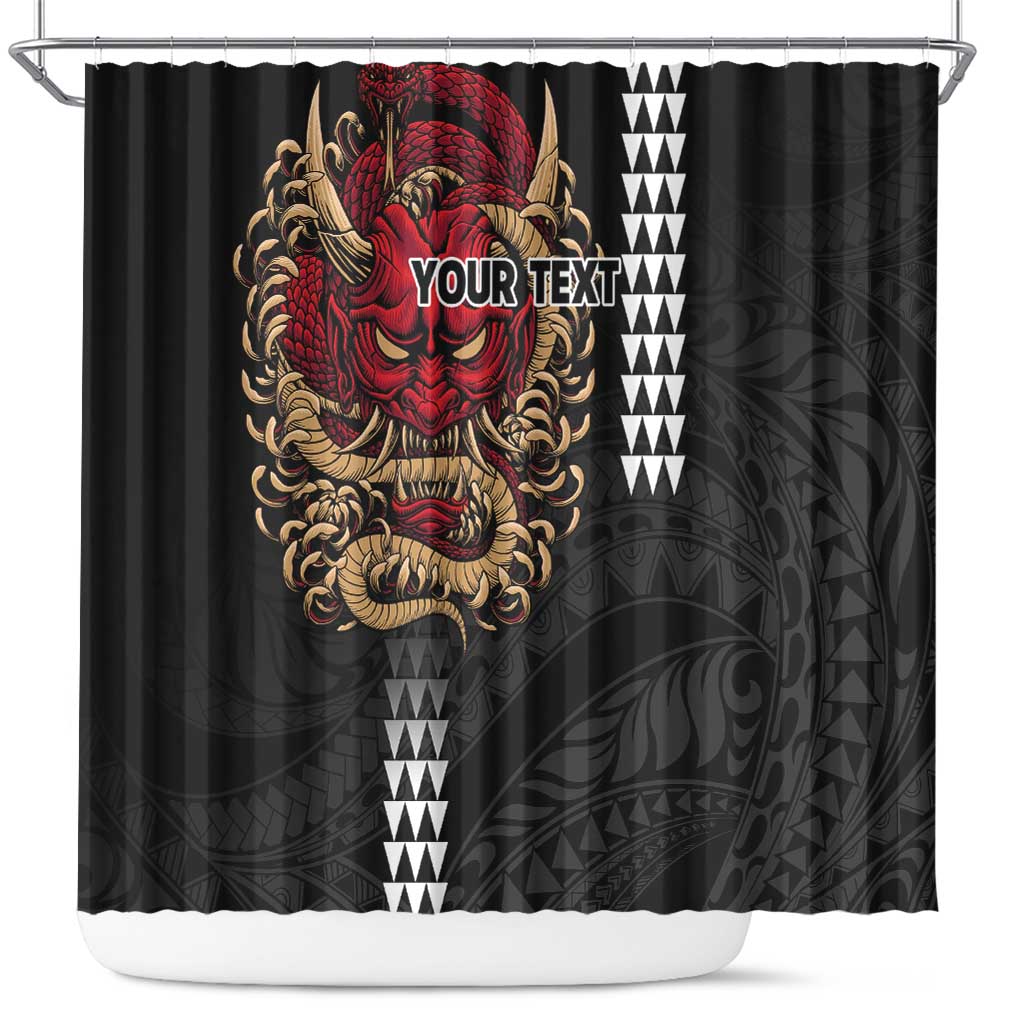 Hawaii and Japanese Oni Mask Personalised Shower Curtain Kakau Pattern Dark Art Style