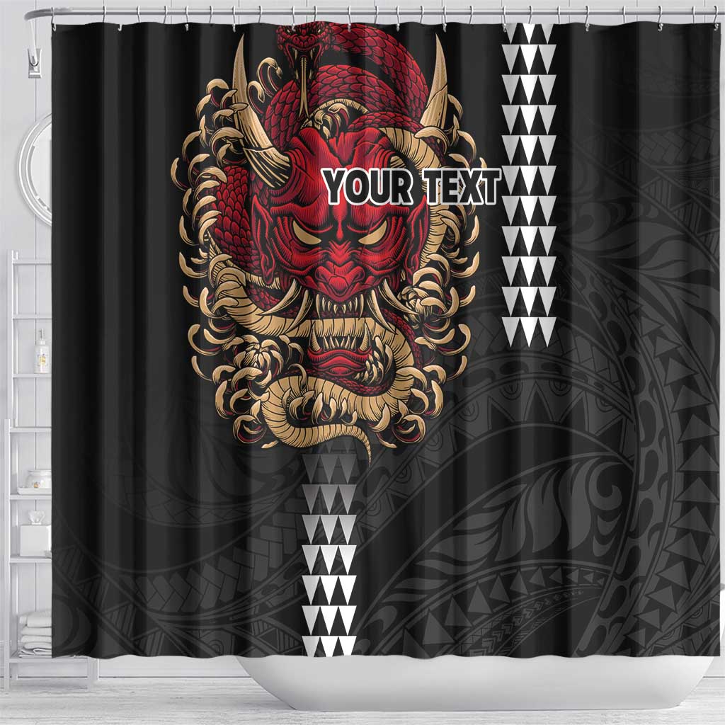 Hawaii and Japanese Oni Mask Personalised Shower Curtain Kakau Pattern Dark Art Style