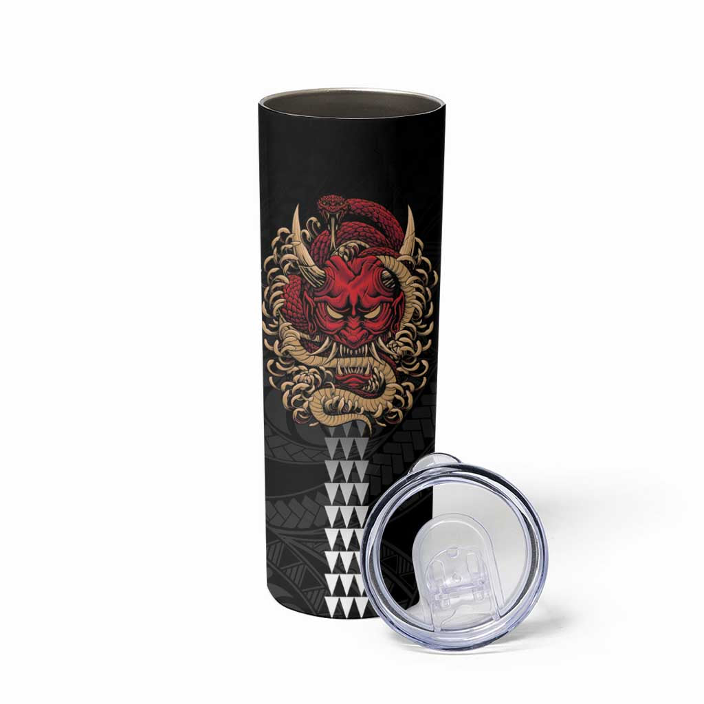Hawaii and Japanese Oni Mask Personalised Skinny Tumbler Kakau Pattern Dark Art Style