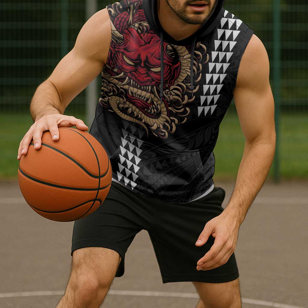Hawaii and Japanese Oni Mask Personalised Sleeveless Hoodie Kakau Pattern Dark Art Style - Polynesian Pride