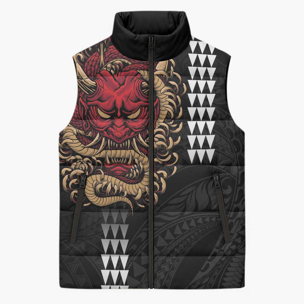 Hawaii and Japanese Oni Mask Personalised Sleeveless Puffer Jacket Kakau Pattern Dark Art Style - Polynesian Pride