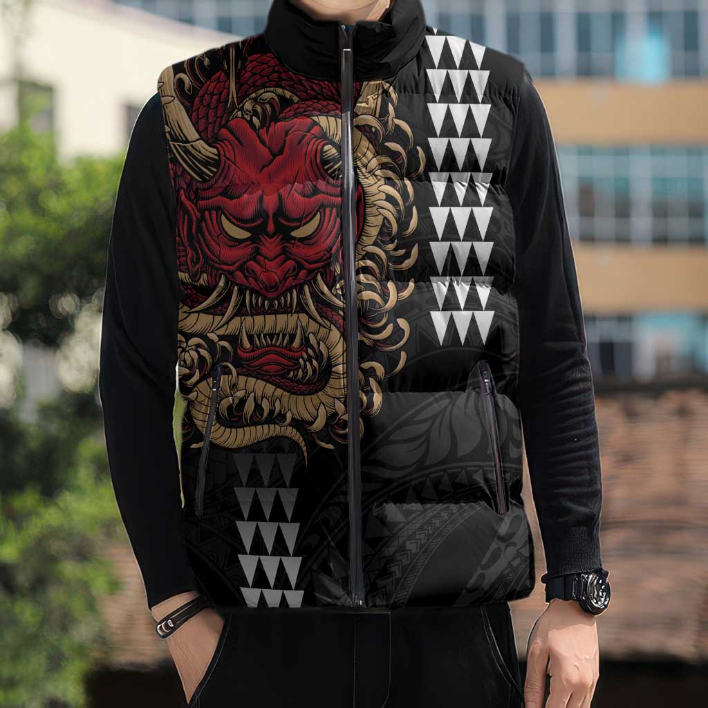 Hawaii and Japanese Oni Mask Personalised Sleeveless Puffer Jacket Kakau Pattern Dark Art Style - Polynesian Pride