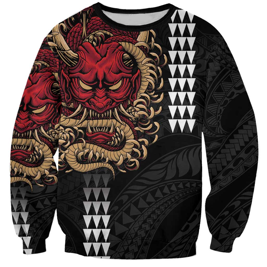 Hawaii and Japanese Oni Mask Personalised Sweatshirt Kakau Pattern Dark Art Style
