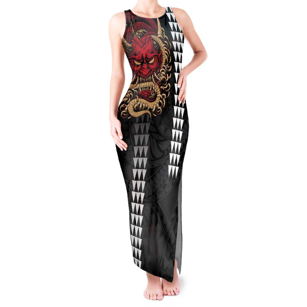 Hawaii and Japanese Oni Mask Personalised Tank Maxi Dress Kakau Pattern Dark Art Style