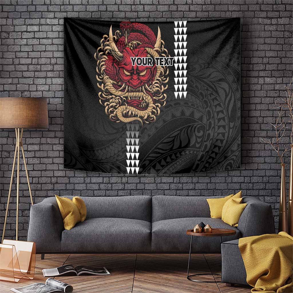 Hawaii and Japanese Oni Mask Personalised Tapestry Kakau Pattern Dark Art Style