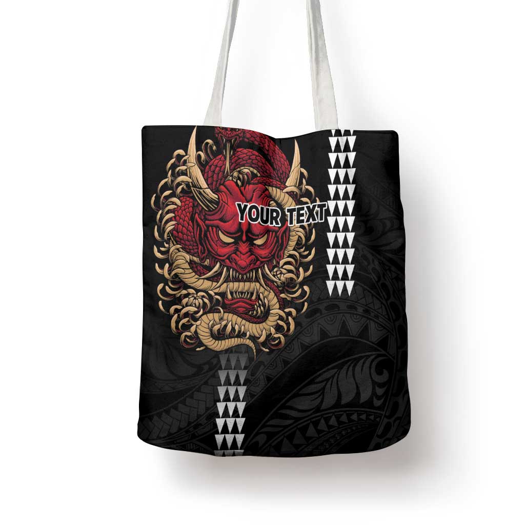 Hawaii and Japanese Oni Mask Personalised Tote Bag Kakau Pattern Dark Art Style - Polynesian Pride