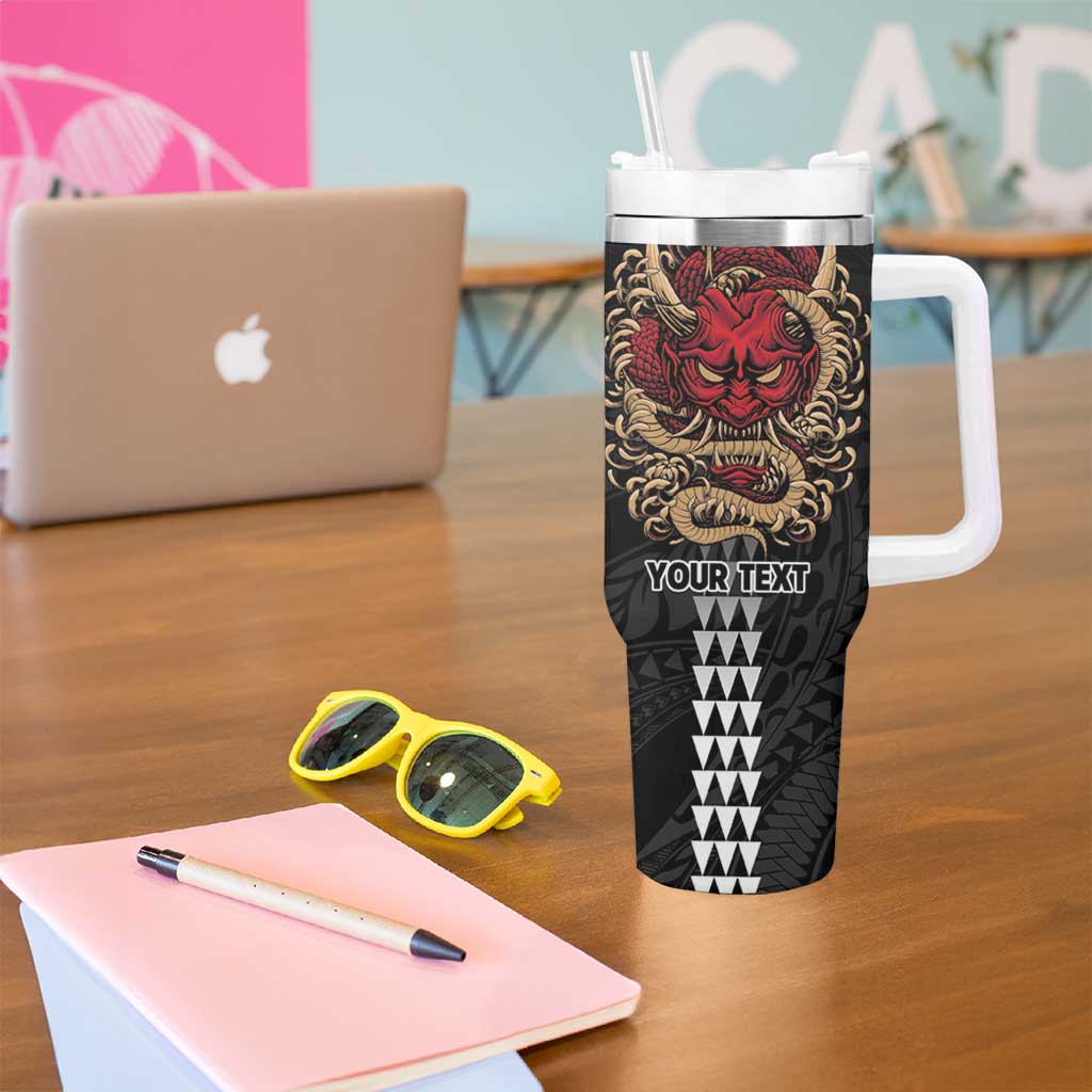 Hawaii and Japanese Oni Mask Personalised Tumbler With Handle Kakau Pattern Dark Art Style