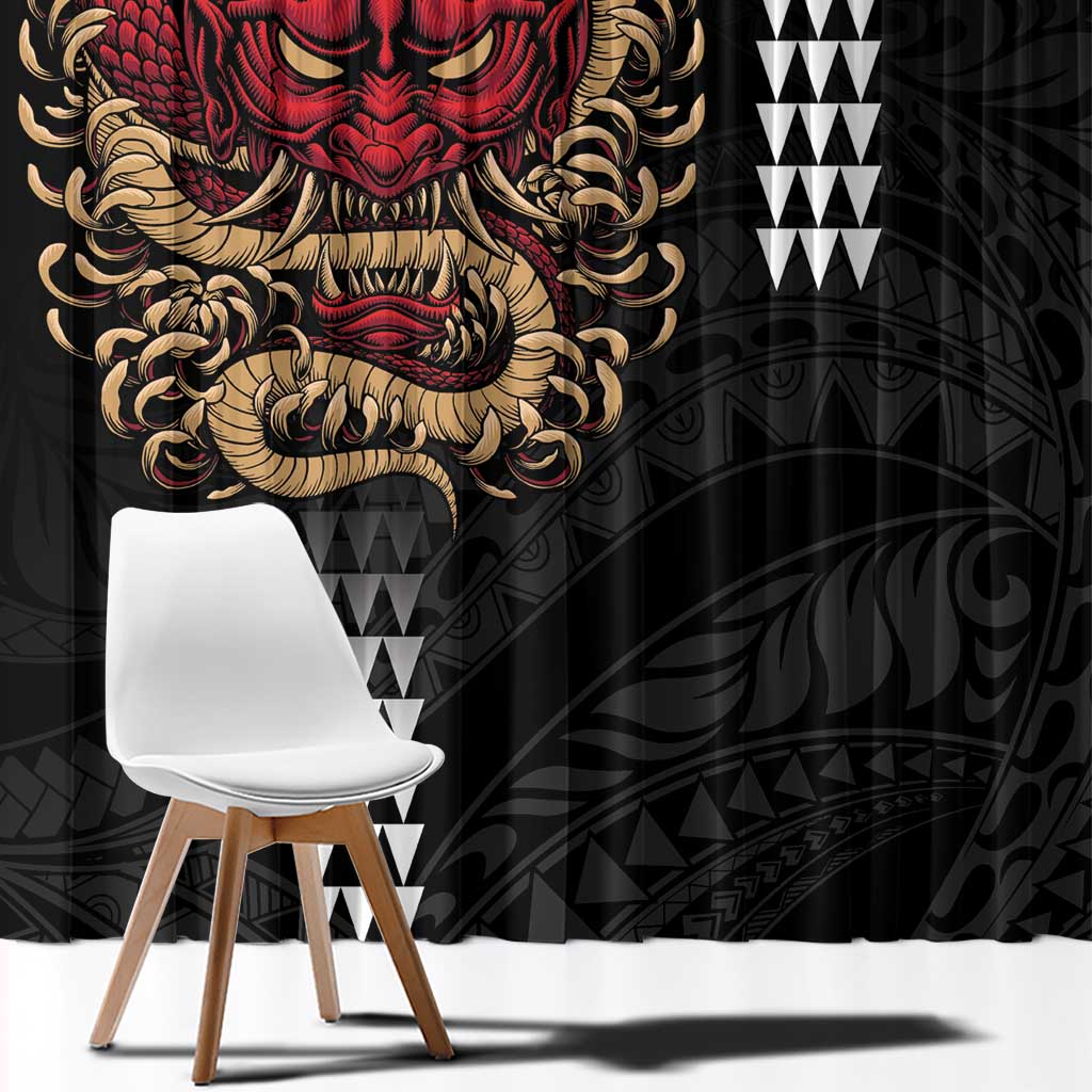 Hawaii and Japanese Oni Mask Personalised Window Curtain Kakau Pattern Dark Art Style