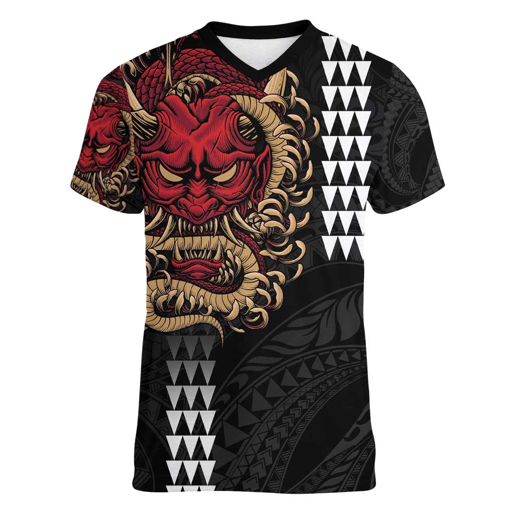 Hawaii and Japanese Oni Mask Personalised Women V-Neck T-Shirt Kakau Pattern Dark Art Style