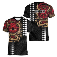 Hawaii and Japanese Oni Mask Personalised Women V-Neck T-Shirt Kakau Pattern Dark Art Style