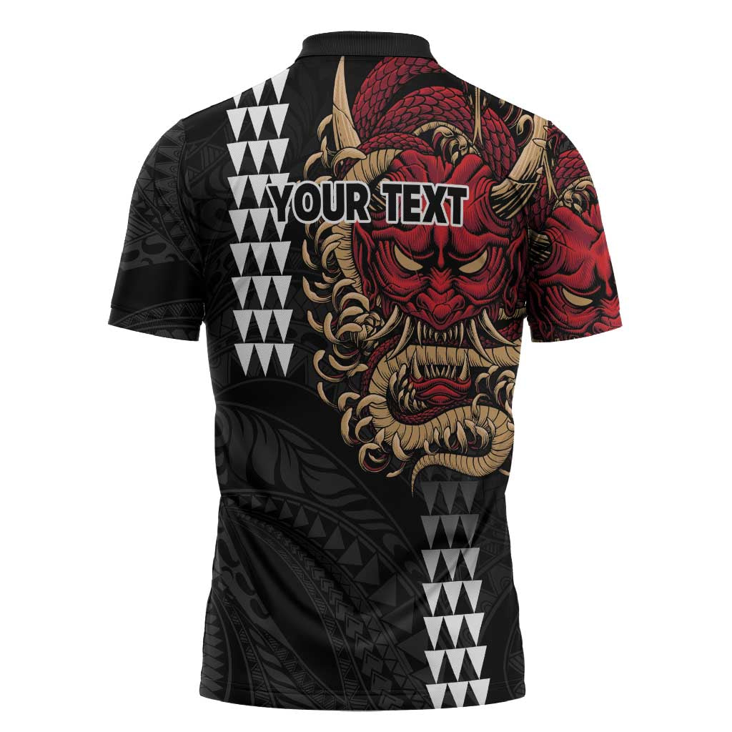 Hawaii and Japanese Oni Mask Personalised Zipper Polo Shirt Kakau Pattern Dark Art Style - Polynesian Pride