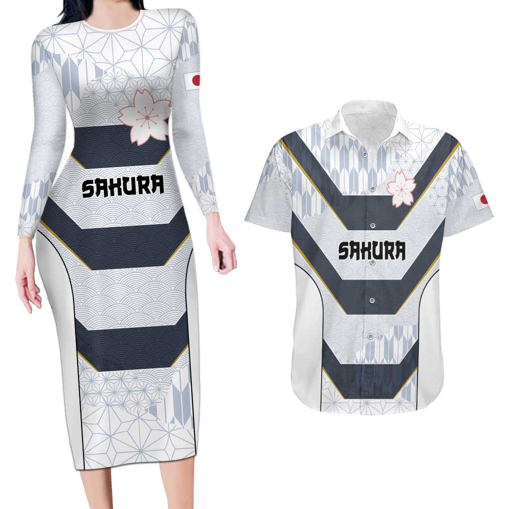 Japan Pacific Rugby 2022-23 Custom Couples Matching Long Sleeve Bodycon Dress and Hawaiian Shirt Black Sakura Japanese Wave Pattern LT9 Black - Polynesian Pride
