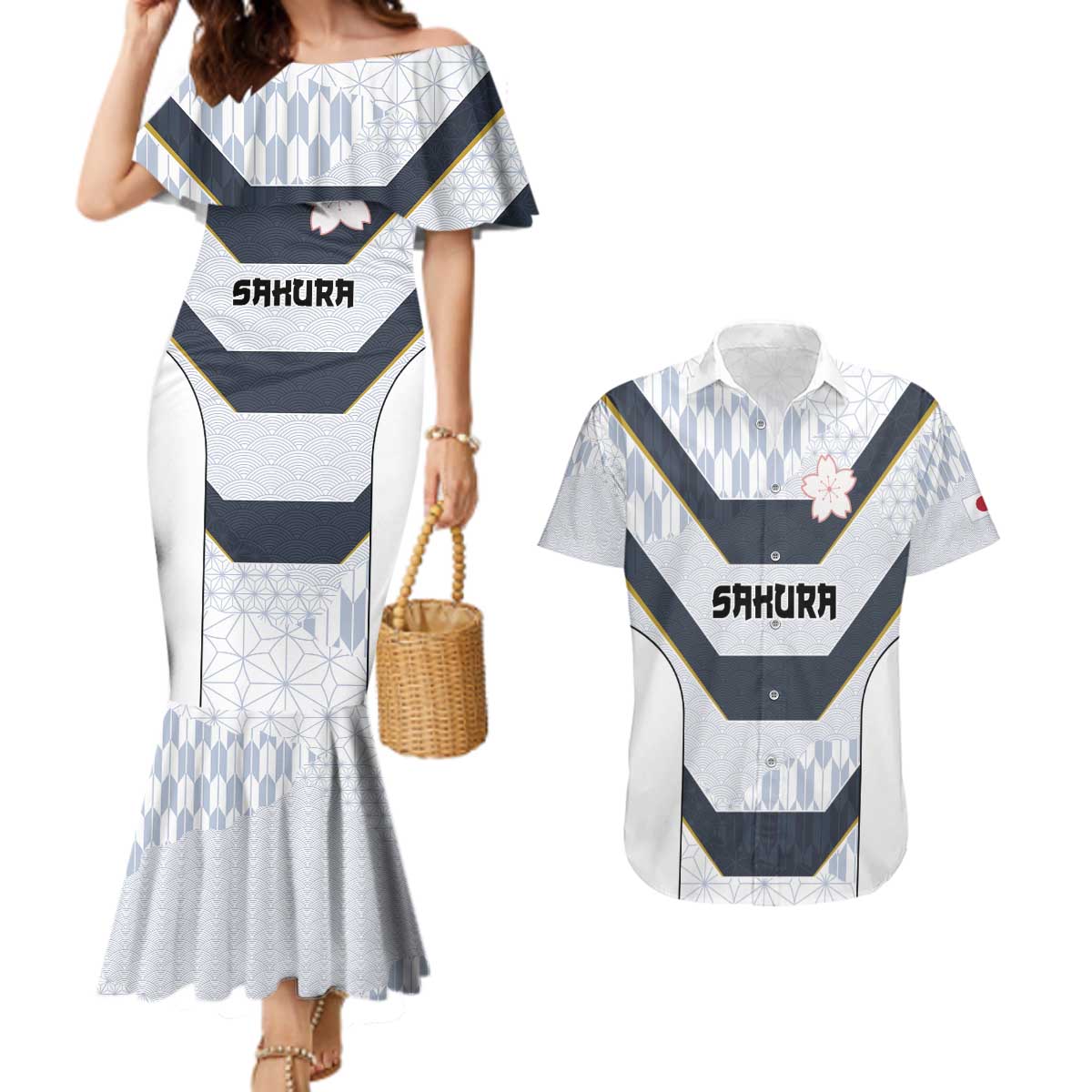 Japan Pacific Rugby 2022-23 Custom Couples Matching Mermaid Dress and Hawaiian Shirt Black Sakura Japanese Wave Pattern LT9 Black - Polynesian Pride