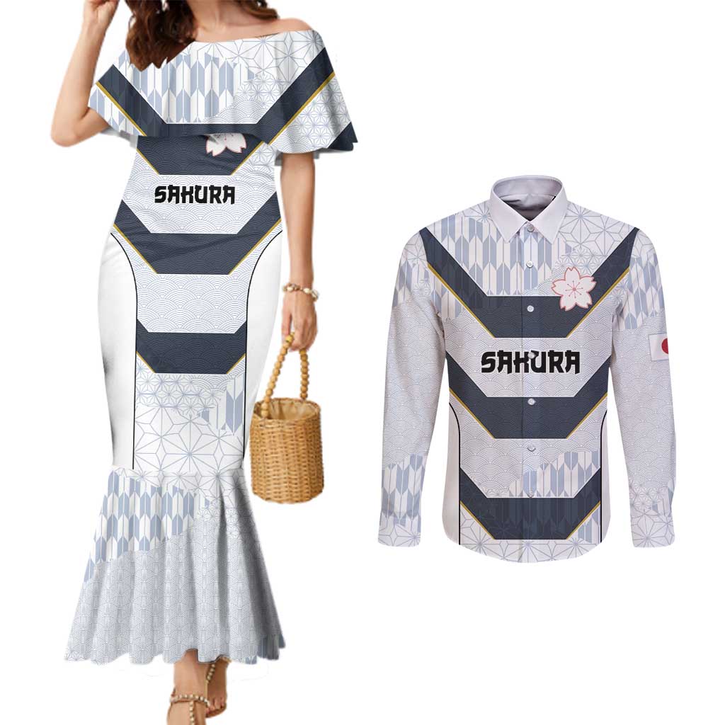 Japan Pacific Rugby 2022-23 Custom Couples Matching Mermaid Dress and Long Sleeve Button Shirt Black Sakura Japanese Wave Pattern LT9 Black - Polynesian Pride