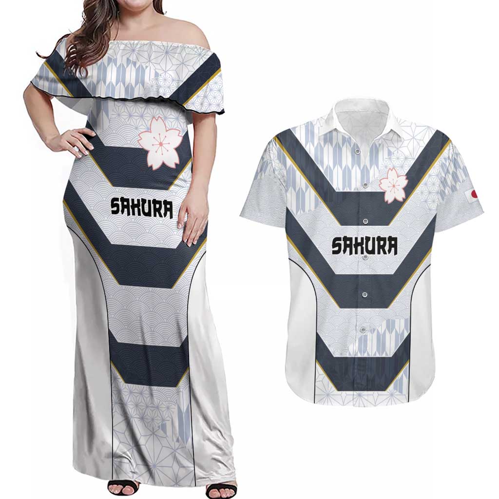 Japan Pacific Rugby 2022-23 Custom Couples Matching Off Shoulder Maxi Dress and Hawaiian Shirt Black Sakura Japanese Wave Pattern LT9 Black - Polynesian Pride