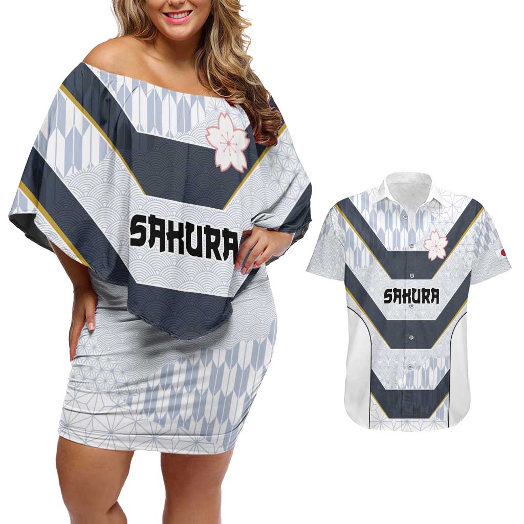 Japan Pacific Rugby 2022-23 Custom Couples Matching Off Shoulder Short Dress and Hawaiian Shirt Black Sakura Japanese Wave Pattern LT9 Black - Polynesian Pride