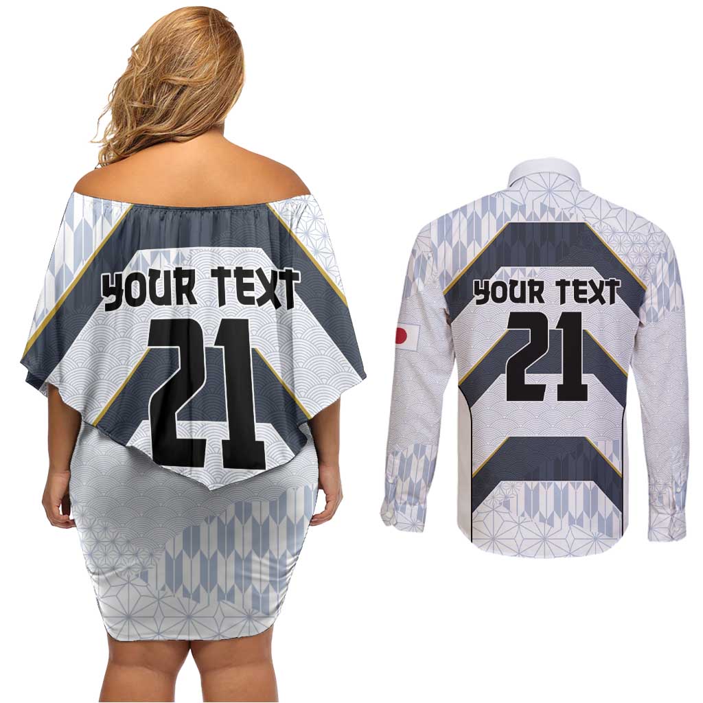 Japan Pacific Rugby 2022-23 Custom Couples Matching Off Shoulder Short Dress and Long Sleeve Button Shirt Black Sakura Japanese Wave Pattern LT9 - Polynesian Pride