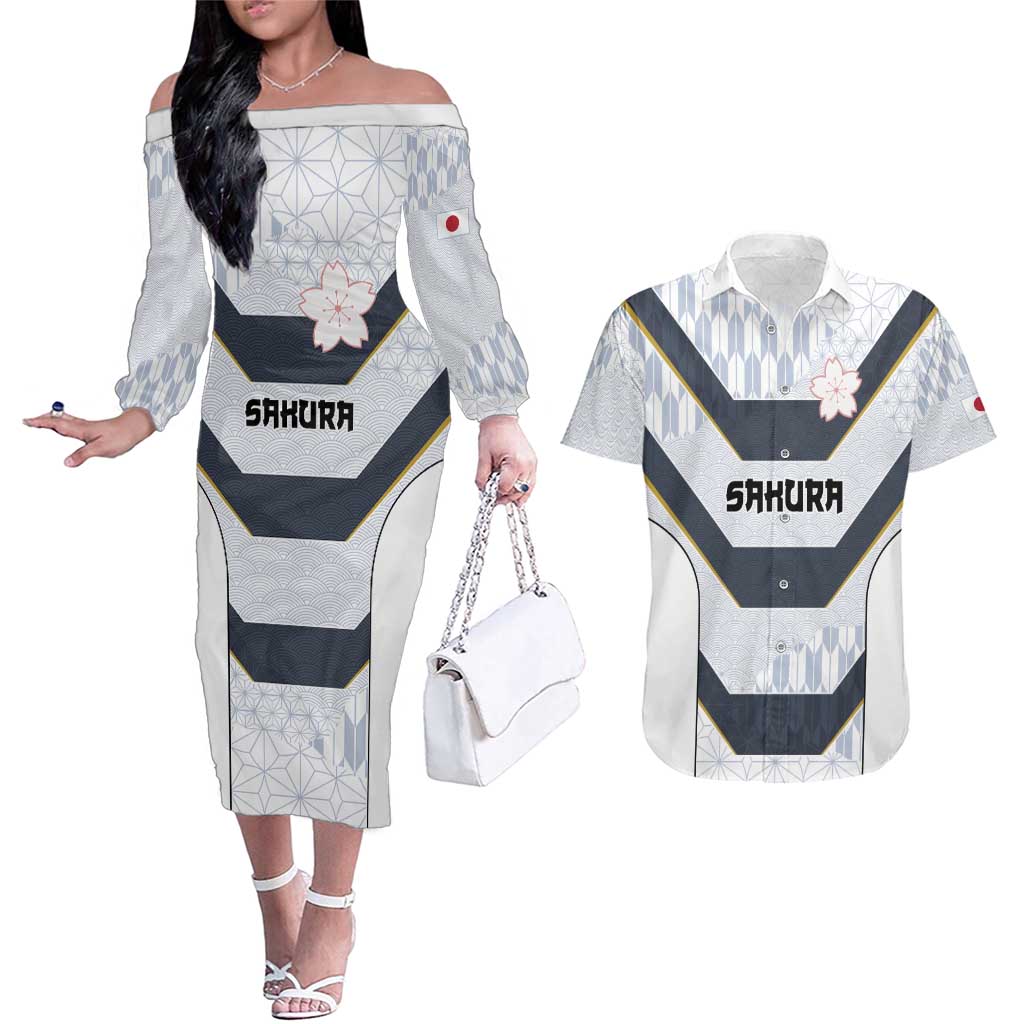 Japan Pacific Rugby 2022-23 Custom Couples Matching Off The Shoulder Long Sleeve Dress and Hawaiian Shirt Black Sakura Japanese Wave Pattern LT9 Black - Polynesian Pride