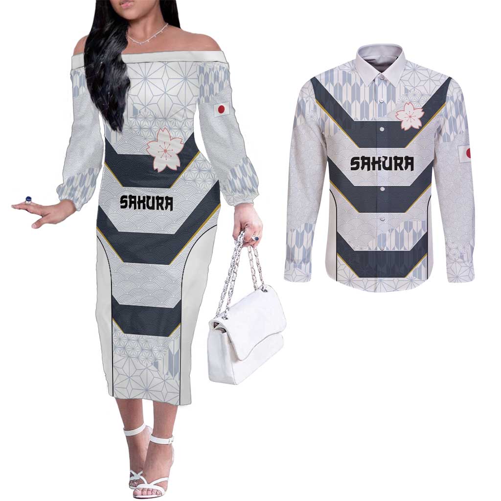 Japan Pacific Rugby 2022-23 Custom Couples Matching Off The Shoulder Long Sleeve Dress and Long Sleeve Button Shirt Black Sakura Japanese Wave Pattern LT9 Black - Polynesian Pride