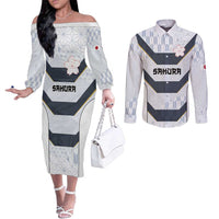 Japan Pacific Rugby 2022-23 Custom Couples Matching Off The Shoulder Long Sleeve Dress and Long Sleeve Button Shirt Black Sakura Japanese Wave Pattern LT9 Black - Polynesian Pride