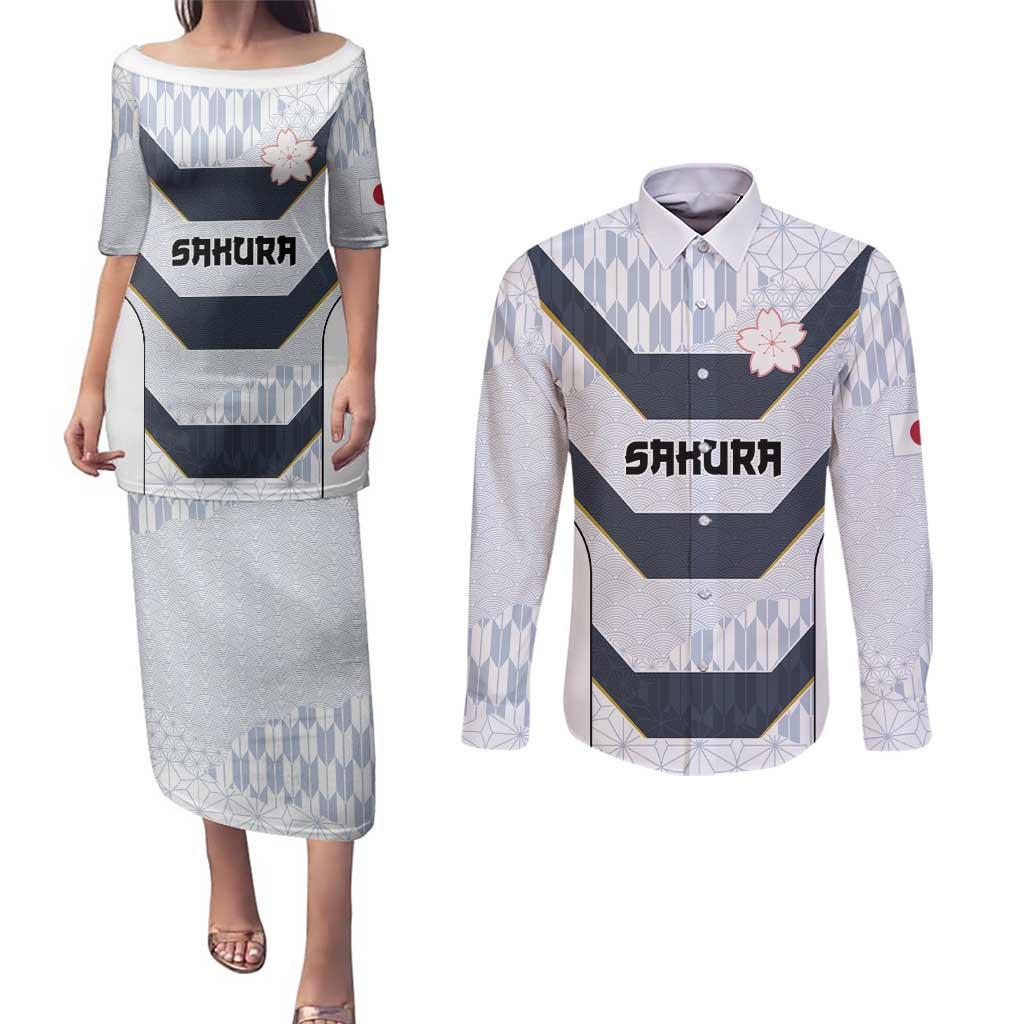 Japan Pacific Rugby 2022-23 Custom Couples Matching Puletasi and Long Sleeve Button Shirt Black Sakura Japanese Wave Pattern LT9 Black - Polynesian Pride