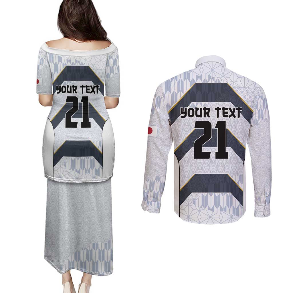 Japan Pacific Rugby 2022-23 Custom Couples Matching Puletasi and Long Sleeve Button Shirt Black Sakura Japanese Wave Pattern LT9 - Polynesian Pride