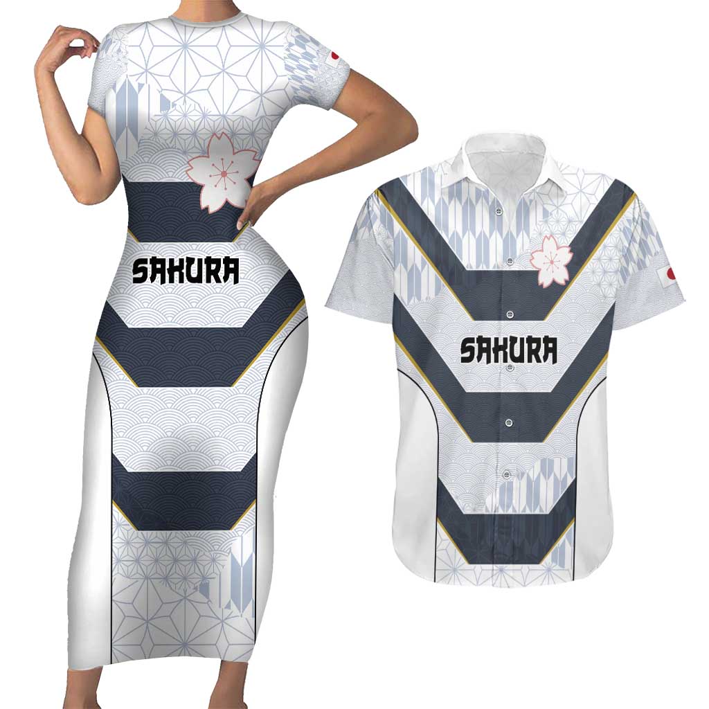 Japan Pacific Rugby 2022-23 Custom Couples Matching Short Sleeve Bodycon Dress and Hawaiian Shirt Black Sakura Japanese Wave Pattern LT9 Black - Polynesian Pride