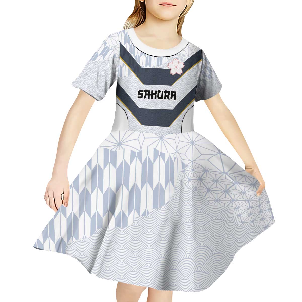 Japan Pacific Rugby 2022-23 Custom Kid Short Sleeve Dress Black Sakura Japanese Wave Pattern