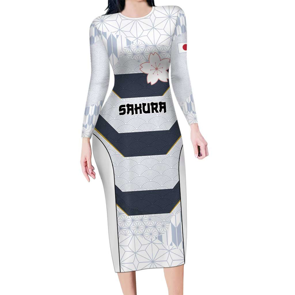 Japan Pacific Rugby 2022-23 Custom Long Sleeve Bodycon Dress Black Sakura Japanese Wave Pattern