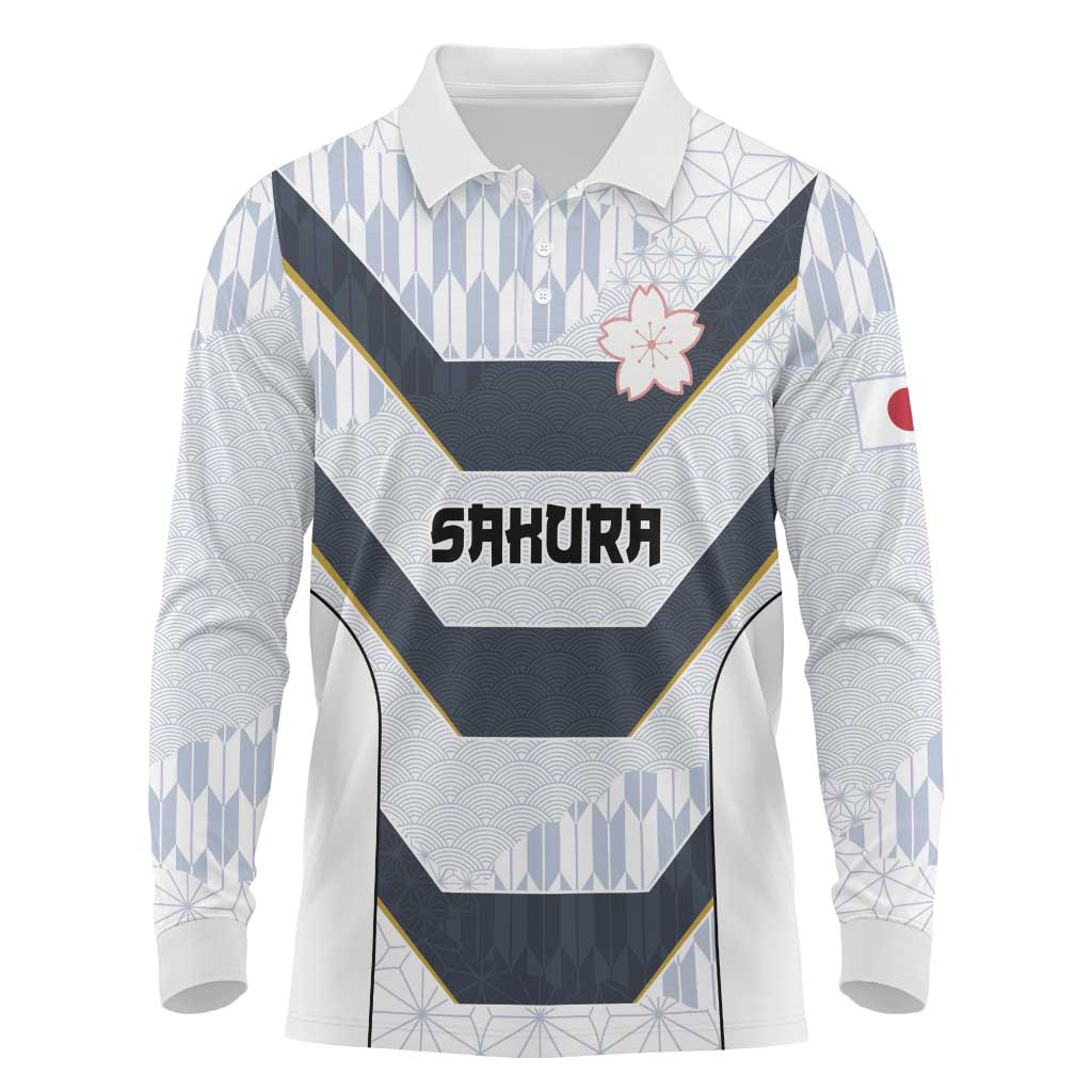 Japan Pacific Rugby 2022-23 Custom Long Sleeve Polo Shirt Black Sakura Japanese Wave Pattern