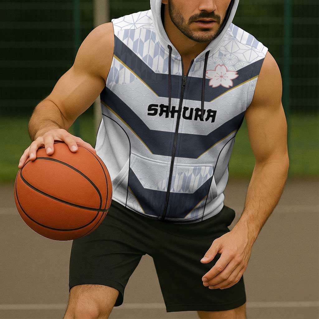 Japan Pacific Rugby 2022-23 Custom Sleeveless Zip Hoodie Black Sakura Japanese Wave Pattern LT9 - Polynesian Pride