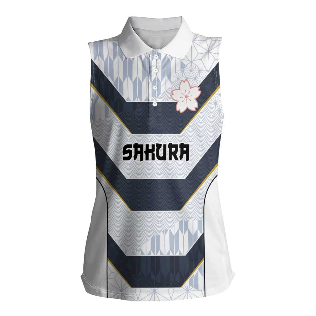 Japan Pacific Rugby 2022-23 Custom Women Sleeveless Polo Shirt Black Sakura Japanese Wave Pattern