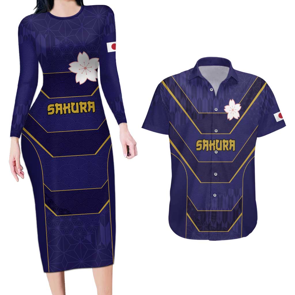 Japan Pacific Rugby 2022-23 Custom Couples Matching Long Sleeve Bodycon Dress and Hawaiian Shirt Blue Sakura Japanese Wave Pattern
