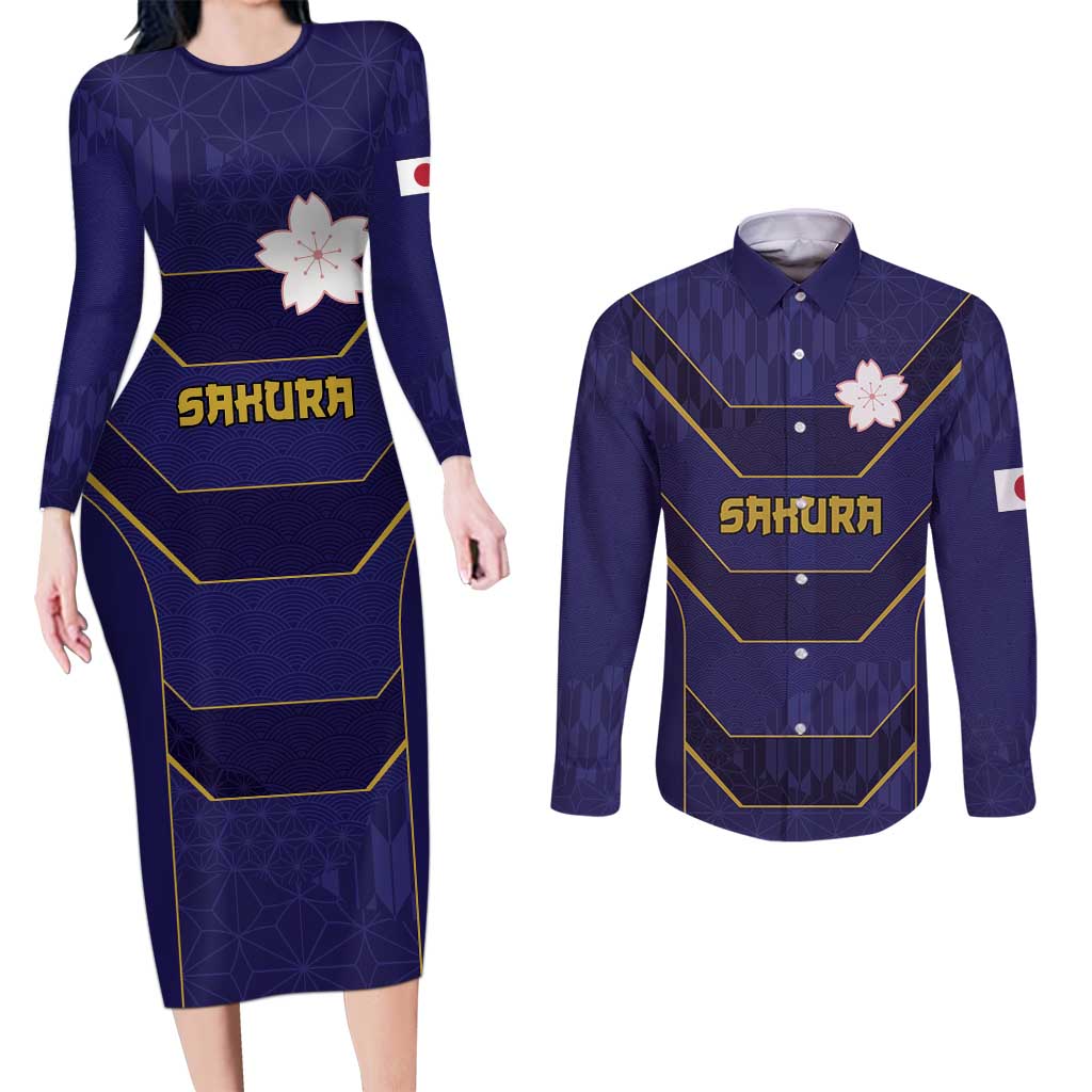 Japan Pacific Rugby 2022-23 Custom Couples Matching Long Sleeve Bodycon Dress and Long Sleeve Button Shirt Blue Sakura Japanese Wave Pattern LT9 Blue - Polynesian Pride