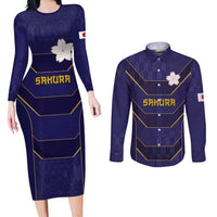 Japan Pacific Rugby 2022-23 Custom Couples Matching Long Sleeve Bodycon Dress and Long Sleeve Button Shirt Blue Sakura Japanese Wave Pattern LT9 Blue - Polynesian Pride
