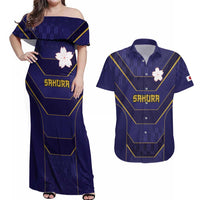 Japan Pacific Rugby 2022-23 Custom Couples Matching Off Shoulder Maxi Dress and Hawaiian Shirt Blue Sakura Japanese Wave Pattern LT9 Blue - Polynesian Pride