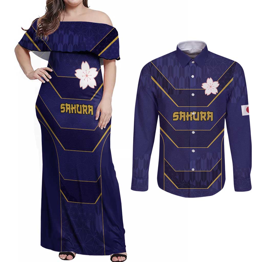 Japan Pacific Rugby 2022-23 Custom Couples Matching Off Shoulder Maxi Dress and Long Sleeve Button Shirt Blue Sakura Japanese Wave Pattern LT9 Blue - Polynesian Pride