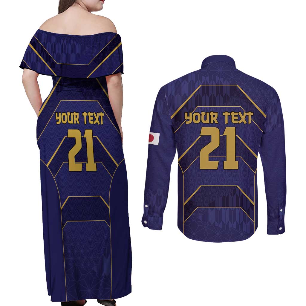 Japan Pacific Rugby 2022-23 Custom Couples Matching Off Shoulder Maxi Dress and Long Sleeve Button Shirt Blue Sakura Japanese Wave Pattern LT9 - Polynesian Pride