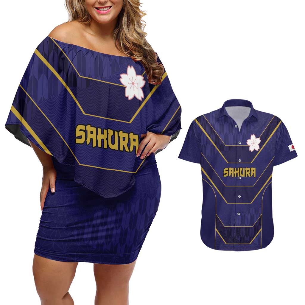 Japan Pacific Rugby 2022-23 Custom Couples Matching Off Shoulder Short Dress and Hawaiian Shirt Blue Sakura Japanese Wave Pattern