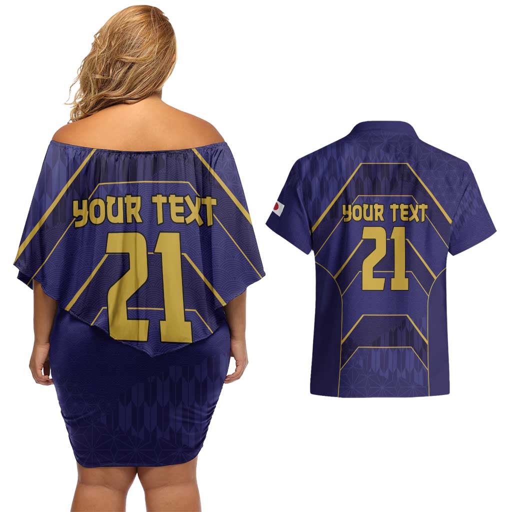 Japan Pacific Rugby 2022-23 Custom Couples Matching Off Shoulder Short Dress and Hawaiian Shirt Blue Sakura Japanese Wave Pattern