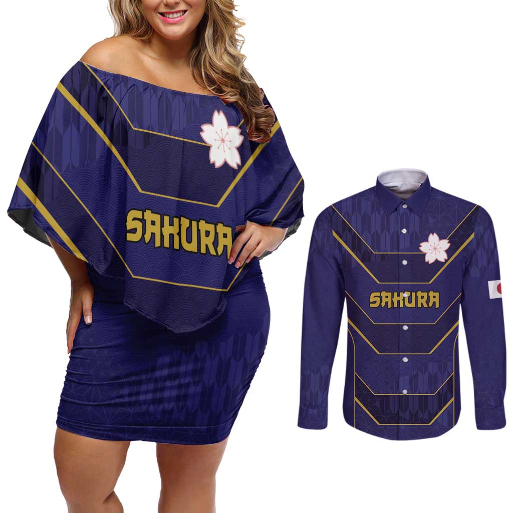 Japan Pacific Rugby 2022-23 Custom Couples Matching Off Shoulder Short Dress and Long Sleeve Button Shirt Blue Sakura Japanese Wave Pattern LT9 Blue - Polynesian Pride