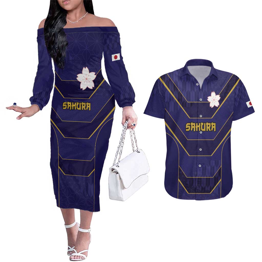 Japan Pacific Rugby 2022-23 Custom Couples Matching Off The Shoulder Long Sleeve Dress and Hawaiian Shirt Blue Sakura Japanese Wave Pattern LT9 Blue - Polynesian Pride